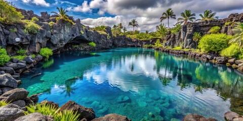Turquoise waters reflect off the black volcanic glass of a unique pool created by ancient lava flows, set amidst lush greenery and tropical plants , unique landscapes, geological formations