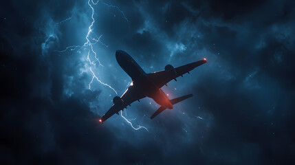 Airplane flying through a stormy night sky with lightning. The plane's lights shine against the dark clouds creating a dramatic and intense image.