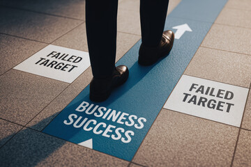 A person stands on a path marked 'business success ' navigating challenges with failed targets emphasizing the importance strategy in achieving goals