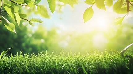 A spring day with a green grass meadow, bright sunlight, tree leaves, and a warm color background with copy space. 