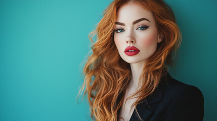 Fototapeta premium Stylish woman with long red hair, striking makeup and confident expression poses against vibrant blue background.