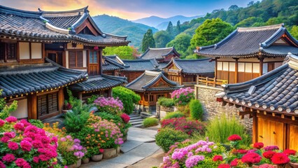 Fototapeta premium Traditional Korean village with hanok houses, wooden architecture, tiled roofs