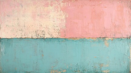 Obraz premium Abstract color block painting featuring a textured pink upper section and a teal lower section, creating a serene, minimalist landscape