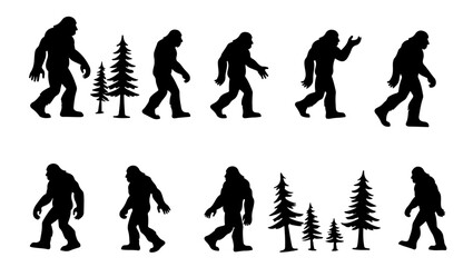 Naklejka premium bold bold bigfoot funny silhouette set, retro bigfoot svg for sublimation, forest adventure bigfoot cut file, bigfoot walking silhouette vector art, layered bigfoot
