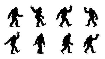 bold bold bigfoot funny silhouette set, retro bigfoot svg for sublimation, forest adventure bigfoot cut file, bigfoot walking silhouette vector art, layered bigfoot