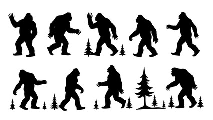 bold bold bigfoot funny silhouette set, retro bigfoot svg for sublimation, forest adventure bigfoot cut file, bigfoot walking silhouette vector art, layered bigfoot