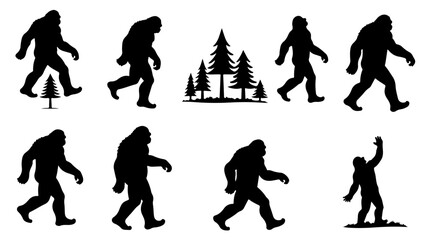 bold bold bigfoot funny silhouette set, retro bigfoot svg for sublimation, forest adventure bigfoot cut file, bigfoot walking silhouette vector art, layered bigfoot