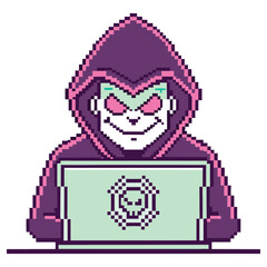 Pixel Art Hacker in Hood, Cartoon Character Using Laptop with Skull, Transparent