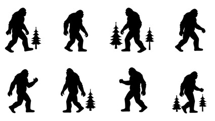 bold bold bigfoot funny silhouette set, retro bigfoot svg for sublimation, forest adventure bigfoot cut file, bigfoot walking silhouette vector art, layered bigfoot