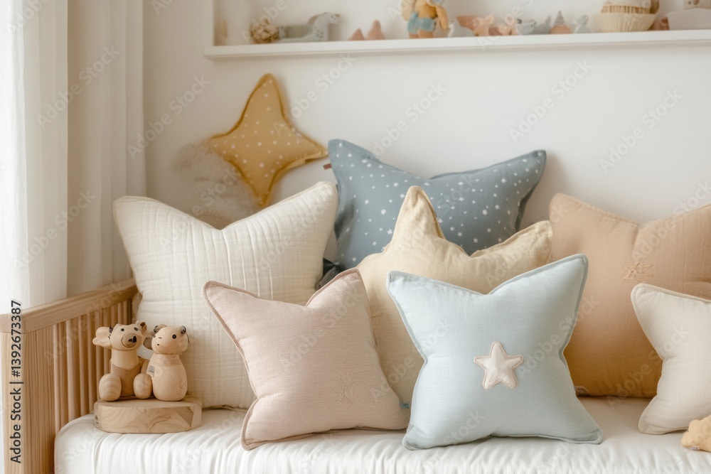 Aufkleber cozy pastel nursery corner with wooden toys and soft pillows creating a warm atmosphere in a bright,