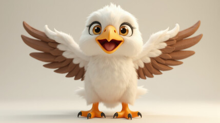 Fototapeta premium Cute animated bird character with fluffy white feathers, large expressive eyes, and outstretched wings, exuding joy and playfulness