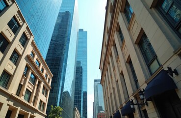 Commercial building view from below. Skyscrapers and old buildings. Architecture and urban landscape. Modern and historic architecture. Glass and concrete buildings. City district.