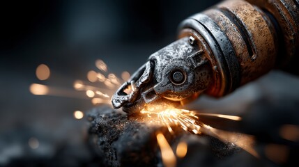 Fototapeta premium Close up of metallic tool sparks flying during operation on dark surface.