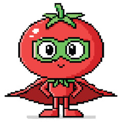 Fototapeta premium Pixel Art Superhero Tomato with Cape and Mask on White Background