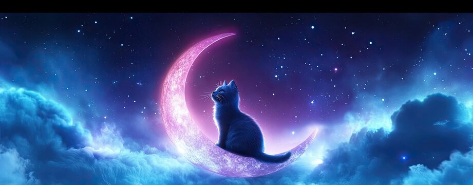 Cat silhouette against a cosmic night sky.