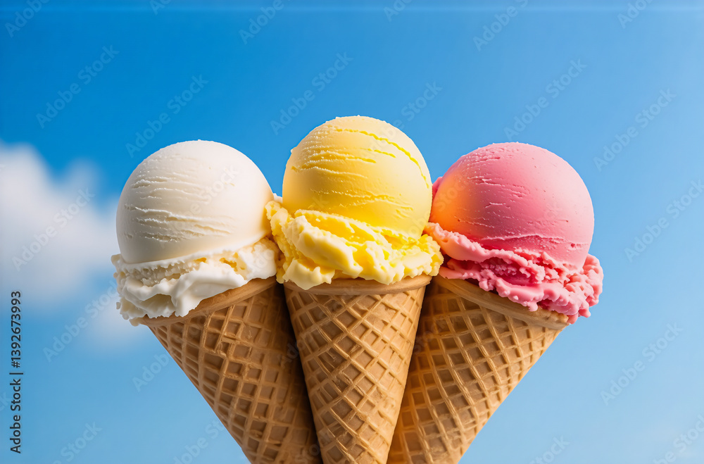 Poster three scoops of ice cream with various flavors sit in waffle cones. a vibrant sky forms the backdrop