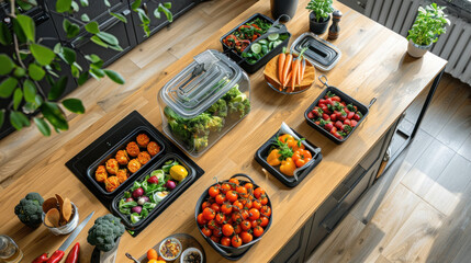 A weekly meal prep delivery package unpacked on a modern kitchen island, emphasizing organization and variety