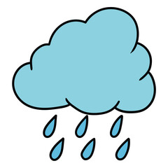 Hand drawn cartoon cloud with rain on white background.