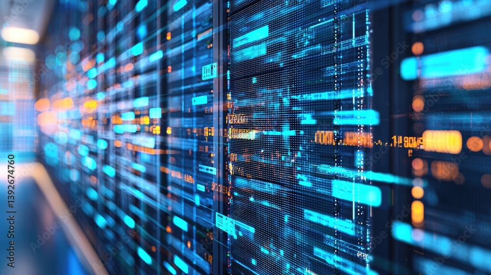Poster blurry futuristic server racks with glowing data lines and digital panels, symbolizing fast data flo