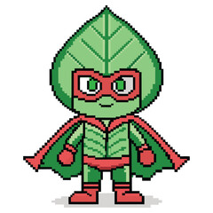 Pixel Art of Cartoon Leaf Superhero with Red Mask and Cape on White Background