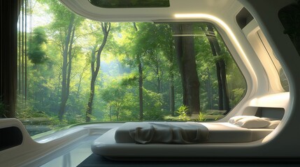 Modern bedroom design with large windows overlooking a tranquil forest