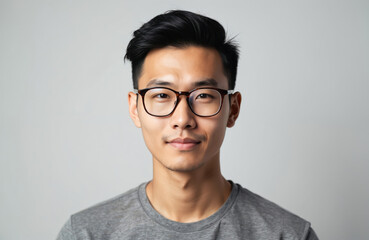 Fototapeta premium Portrait of young asian man wearing eyeglasses against neutral grey background. Person with stylish glasses. Focus on face. Pro look. Successful, attractive man.