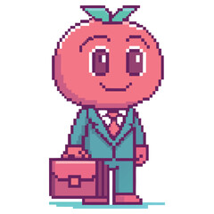Pixel Art Tomato Character in Business Suit with Briefcase, Transparent Background