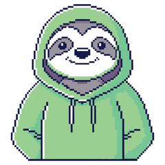 Pixel Art Sloth with Hoodie, Cute Cartoon Animal on Transparent Background