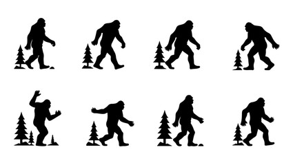 bigfoot silhouette svg for cricut crafts, funny sasquatch png for t-shirts, retro bigfoot svg for sublimation, forest adventure bigfoot cut file, bigfoot walking silhouette vector art, layered bigfoot