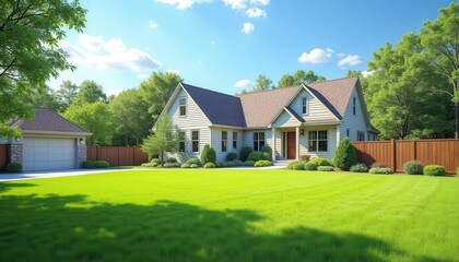 Beautiful suburban house with landscaped lawn, trees, and blue sky on a sunny day