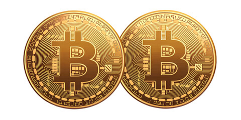 A detailed illustration of two gold coins with the Bitcoin logo, symbolizing Bitcoin's growing influence in modern business and finance. Isolated on a white background