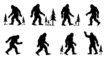 bigfoot silhouette svg for cricut crafts, funny sasquatch png for t-shirts, retro bigfoot svg for sublimation, forest adventure bigfoot cut file, bigfoot walking silhouette vector art, layered bigfoot