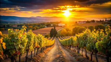 Fototapeta premium Stunning Languedoc Vineyards at Sunset A BokehEnhanced View of French Wine Country