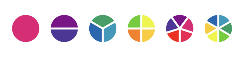 Donut charts segmented on from 1 to 6 equal parts. Diagram infographic multicoloured. Wheel divided in sections. Circle section graph. Pie, pizza chart round icon layout. Loading bar minimalist mockup