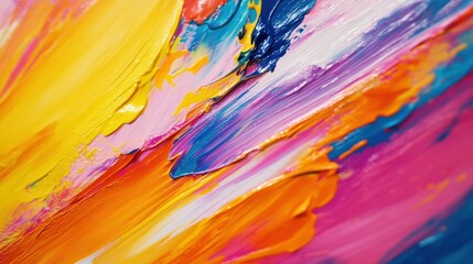 Vibrant, textured abstract painting with bold strokes of orange, yellow, pink, and blue. Energetic and expressive brushwork creates a dynamic composition