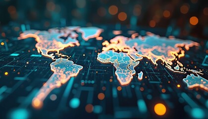 Holographic 3D data visualization showing real-time global internet traffic. Tech concept for worldwide network, digital connection. Futuristic cyber world with dynamic lines, neon shapes. Business,