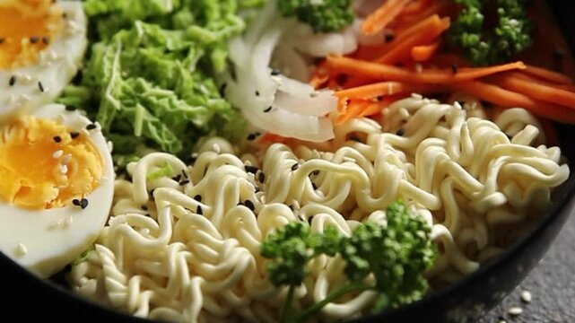 budda bowl noodles vegetable salad tasty fresh gourmet food background table rustic food top view copy space vegetarian and vegan food