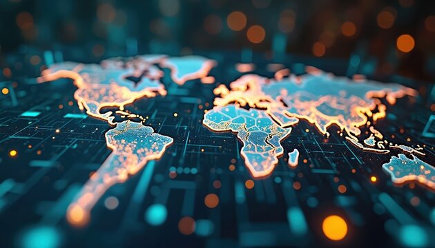 Holographic 3D data visualization showing real-time global internet traffic. Tech concept for worldwide network, digital connection. Futuristic cyber world with dynamic lines, neon shapes. Business,