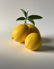 Three bright yellow lemons with a green sprig are elegantly placed against a light background, creating a fresh and minimalist composition.
