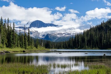 Glacial mountain reflected in a calm lake surrounded by trees