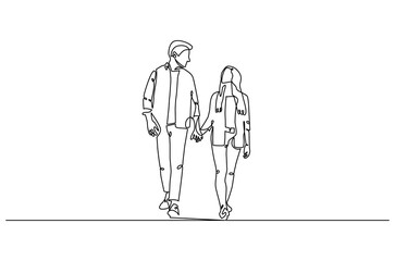Continuous one line drawing of young Couple Walking Together. Single line drawing illustration of romantic couple holding hands. Romance concept vector art. Doodle line illustration.