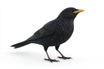A full shot of a starling bird with dark feathers and yellow beak standing on a white background
