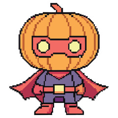 Pixelated Pumpkin Head Superhero with Red Cape and Glasses on White Background