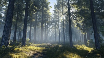 Obraz premium Morning sunlight streaming through tall pine trees pic