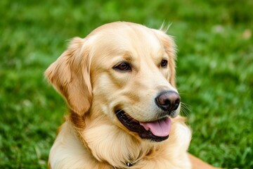 Golden retriever headshot on green grass, mouth slightly open