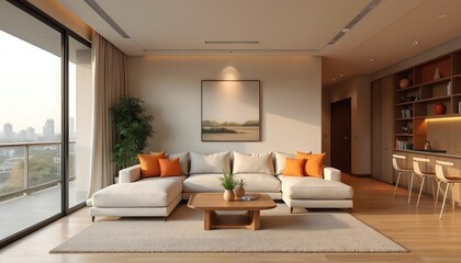 Modern living room interior with panoramic window, cozy sofa, wooden coffee table, beige carpet. Stylish decor creates comfortable, elegant atmosphere in apartment. Luxurious, minimalist design with