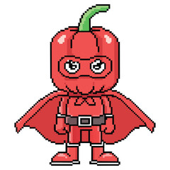 Pixel Red Pepper Superhero with Cape & Mask Isolated on Transparent Background