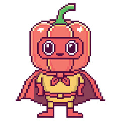 Pixel Art Red Bell Pepper Character with Cape and Mask on Transparent Background