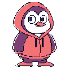 Pixel Art Penguin Cartoon Character Wearing a Hoodie on Transparent Background