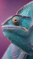 Fototapeta premium Close-up of turquoise chameleon skin texture, showing bumpy scales and a detailed eye, showcasing unique reptile detail and vibrant color, ideal for nature or animal themes